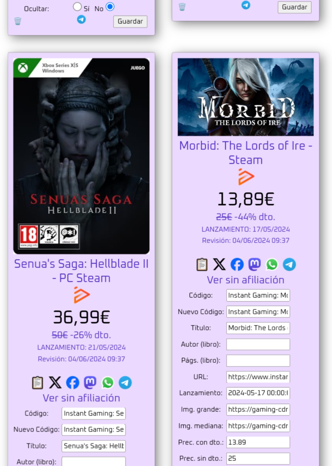 Edición de ofertas