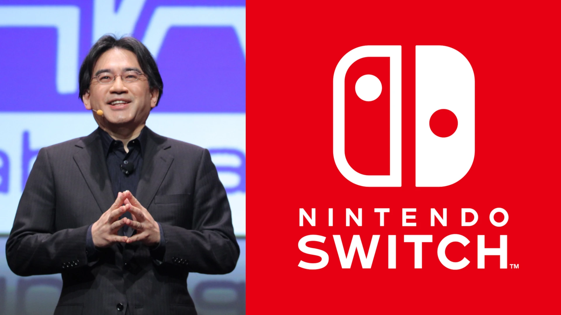 Satoru Iwata y el logo de Nintendo Switch.<br>